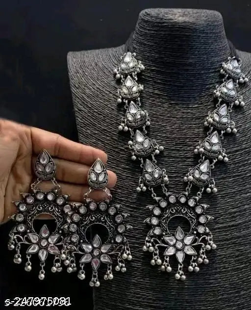 Tehzeeb Creations Women's Silver Colour Oxidised Necklace And Earrings With White Kundan Tehzeeb Creations