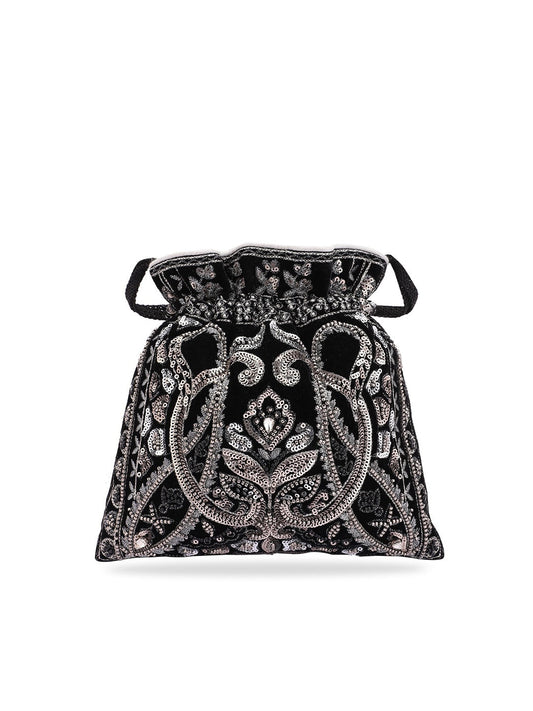 Masq Black & Silver-Toned Embellished Potli Clutch - Grab2buy