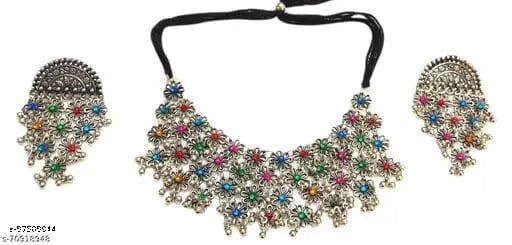 Tehzeeb Creations Women's Silver Color Oxidised Necklace Set With Multi Kundan Tehzeeb Creations