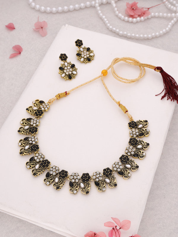 Tehzeeb Creations Luxurious Mendi Gold Polished White & Black Ad Jewellery Choker Necklace Set With Matching Earrings Tehzeeb Creations