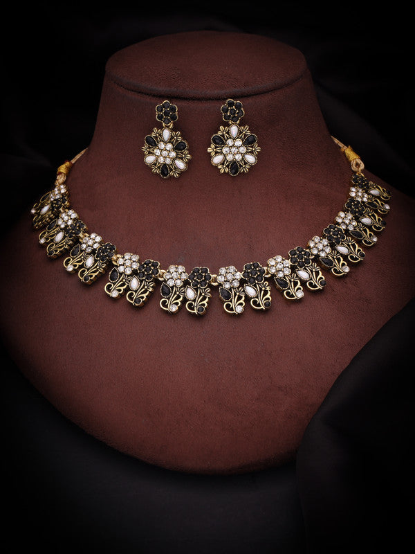 Tehzeeb Creations Luxurious Mendi Gold Polished White & Black Ad Jewellery Choker Necklace Set With Matching Earrings Tehzeeb Creations