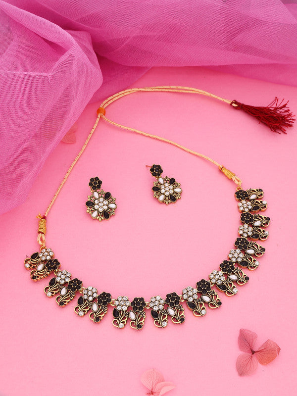 Tehzeeb Creations Luxurious Mendi Gold Polished White & Black Ad Jewellery Choker Necklace Set With Matching Earrings Tehzeeb Creations