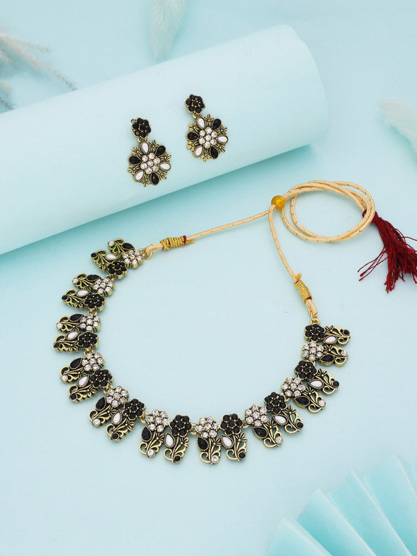 Tehzeeb Creations Luxurious Mendi Gold Polished White & Black Ad Jewellery Choker Necklace Set With Matching Earrings Tehzeeb Creations