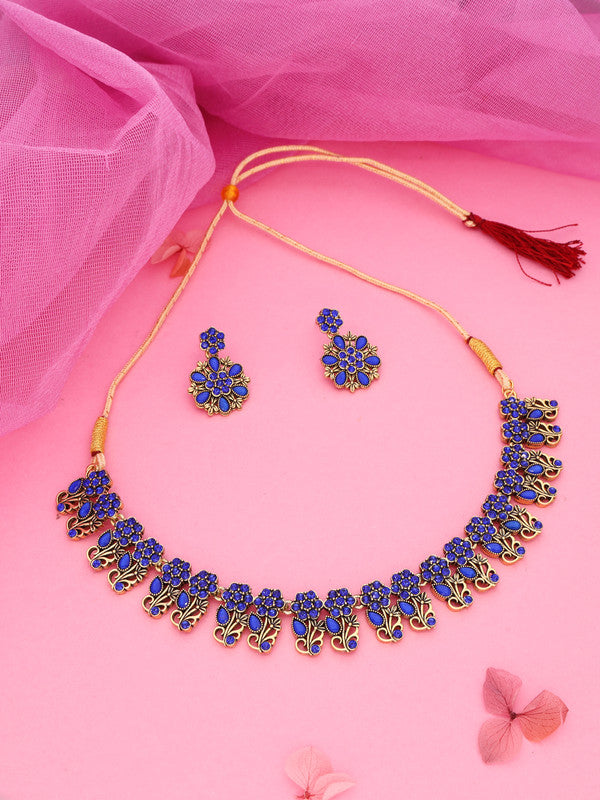 Tehzeeb Creations Luxurious Gold Polished Blue Colour Choker Necklace Set With Matching Earrings Tehzeeb Creations