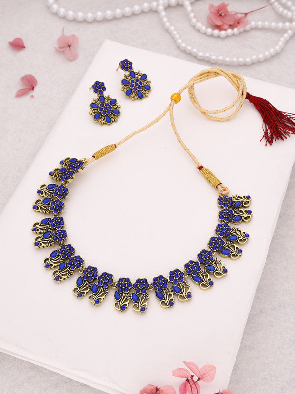 Tehzeeb Creations Luxurious Gold Polished Blue Colour Choker Necklace Set With Matching Earrings Tehzeeb Creations