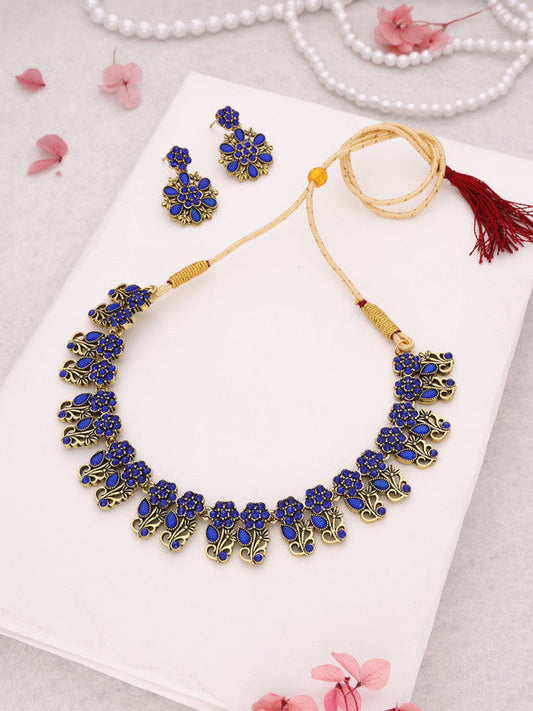 Tehzeeb Creations Luxurious Gold Polished Blue Colour Choker Necklace Set With Matching Earrings Tehzeeb Creations