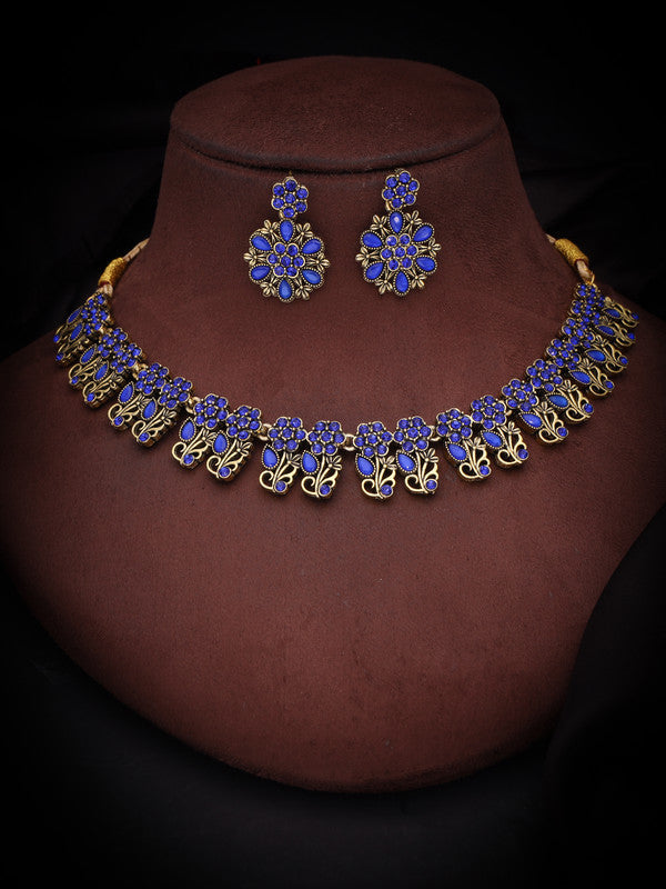 Tehzeeb Creations Luxurious Gold Polished Blue Colour Choker Necklace Set With Matching Earrings Tehzeeb Creations