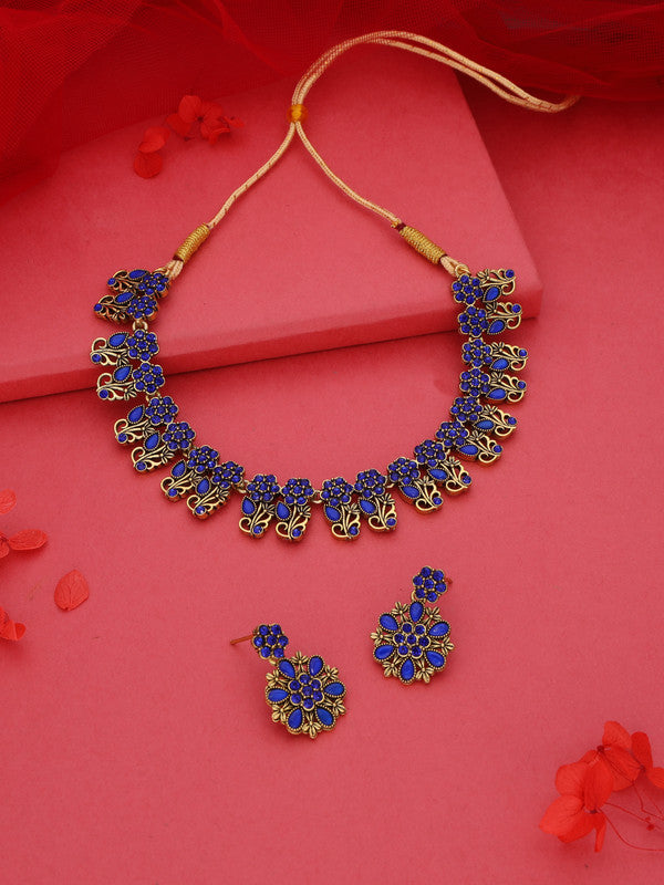 Tehzeeb Creations Luxurious Gold Polished Blue Colour Choker Necklace Set With Matching Earrings Tehzeeb Creations