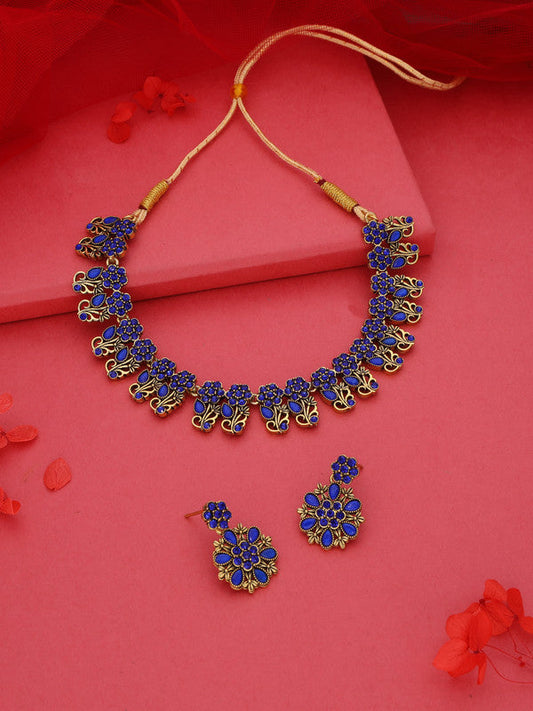 Tehzeeb Creations Luxurious Gold Polished Blue Colour Choker Necklace Set With Matching Earrings Tehzeeb Creations