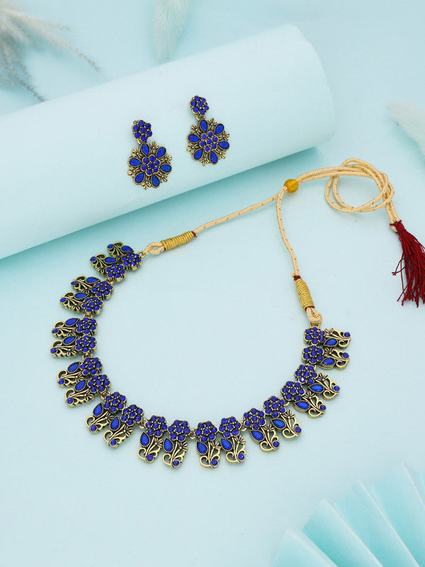 Tehzeeb Creations Luxurious Gold Polished Blue Colour Choker Necklace Set With Matching Earrings Tehzeeb Creations