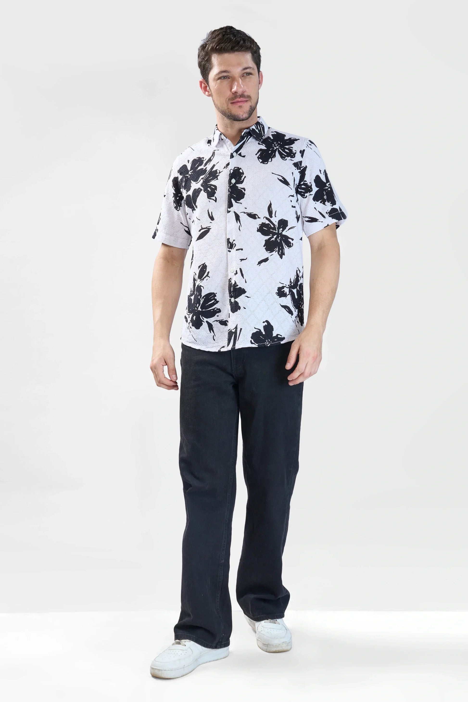 Xkind White Floral Printed Textured Regular Fit Shirt 
