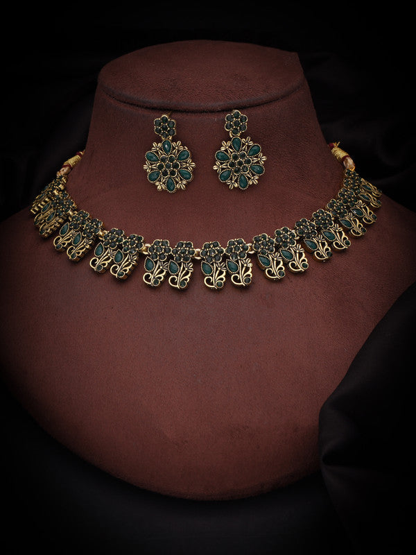 Tehzeeb Creations Luxurious Gold Polished Green Colour Choker Necklace Set With Matching Earrings Tehzeeb Creations