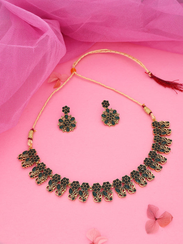 Tehzeeb Creations Luxurious Gold Polished Green Colour Choker Necklace Set With Matching Earrings Tehzeeb Creations