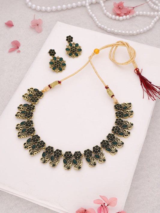 Tehzeeb Creations Luxurious Gold Polished Green Colour Choker Necklace Set With Matching Earrings Tehzeeb Creations