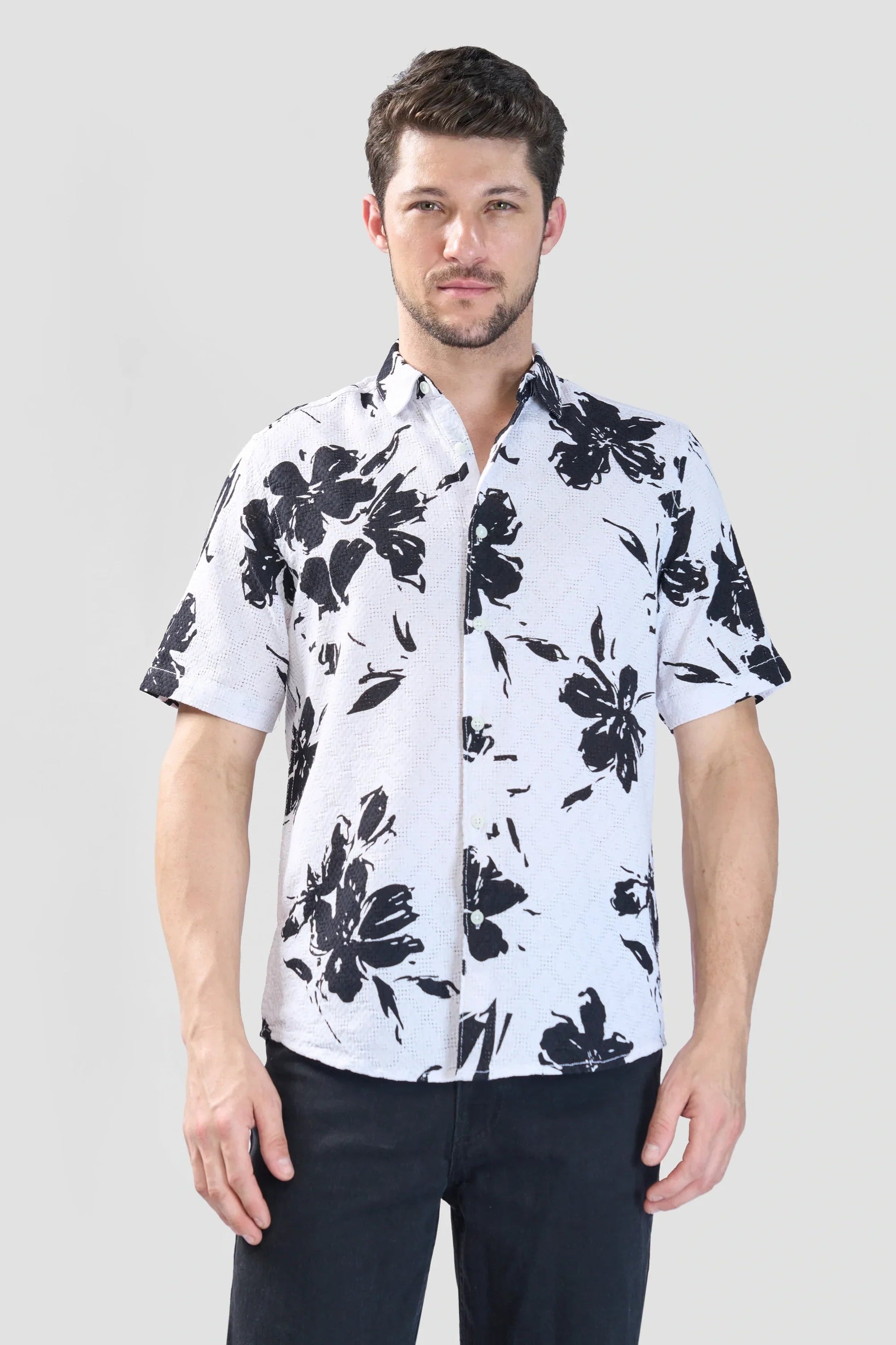 Xkind White Floral Printed Textured Regular Fit Shirt 
