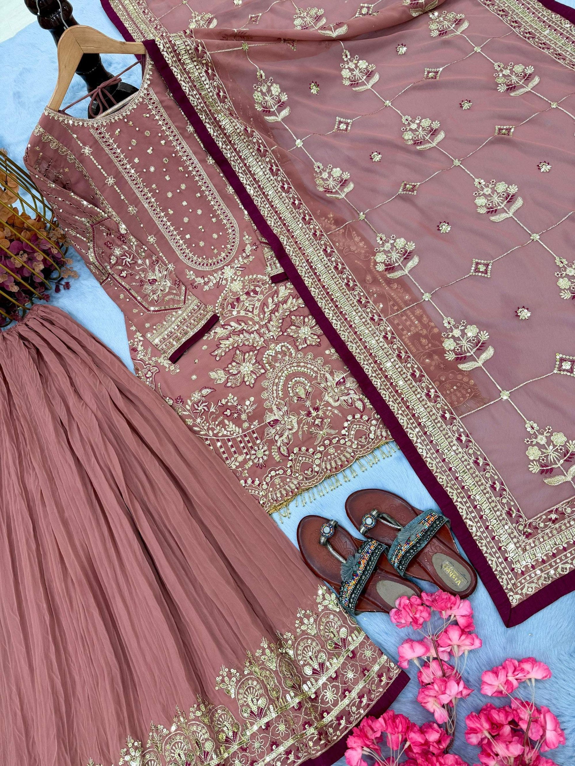 Anaita Pink Faux Georgette Readymade Suit with Embroidery & Moti Work