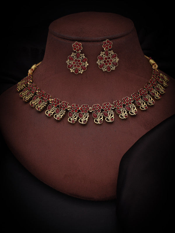 Tehzeeb Creations Luxurious Gold Polished Maroon Colour Choker Necklace Set With Matching Earrings Tehzeeb Creations