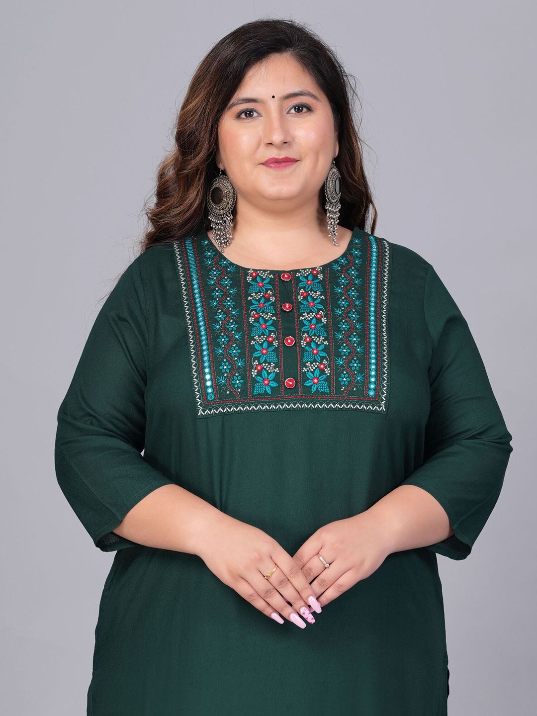 Sztori Plus Size Embroidered Yoke Design Round Neck Three-Quarter Sleeves Straight Kurta