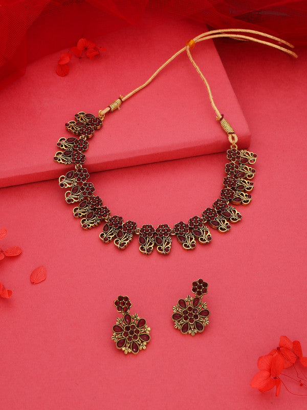 Tehzeeb Creations Luxurious Gold Polished Maroon Colour Choker Necklace Set With Matching Earrings Tehzeeb Creations