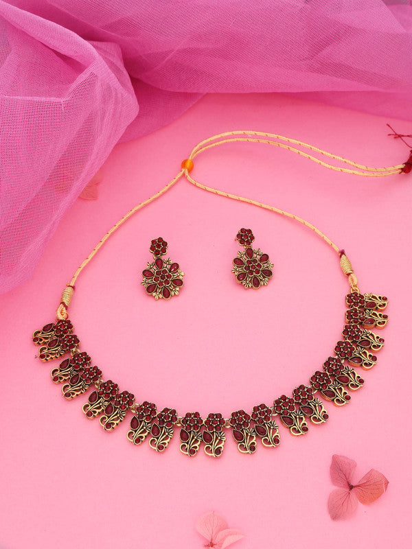 Tehzeeb Creations Luxurious Gold Polished Maroon Colour Choker Necklace Set With Matching Earrings Tehzeeb Creations
