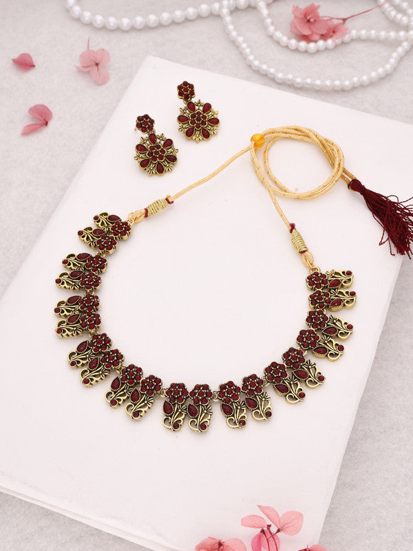 Tehzeeb Creations Luxurious Gold Polished Maroon Colour Choker Necklace Set With Matching Earrings Tehzeeb Creations