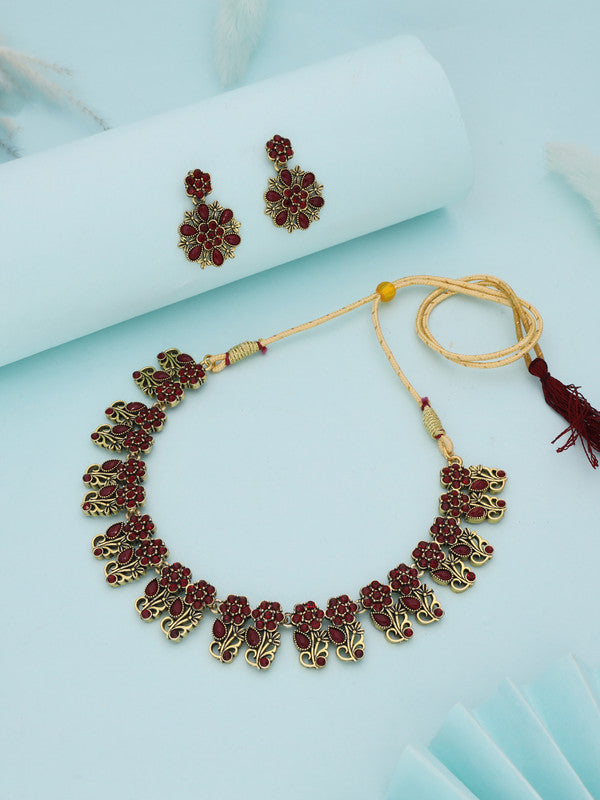 Tehzeeb Creations Luxurious Gold Polished Maroon Colour Choker Necklace Set With Matching Earrings Tehzeeb Creations
