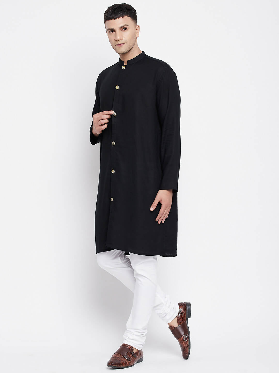 Even Apparels Black Pure Cotton Men's Sherwani Kurta With Open Front 