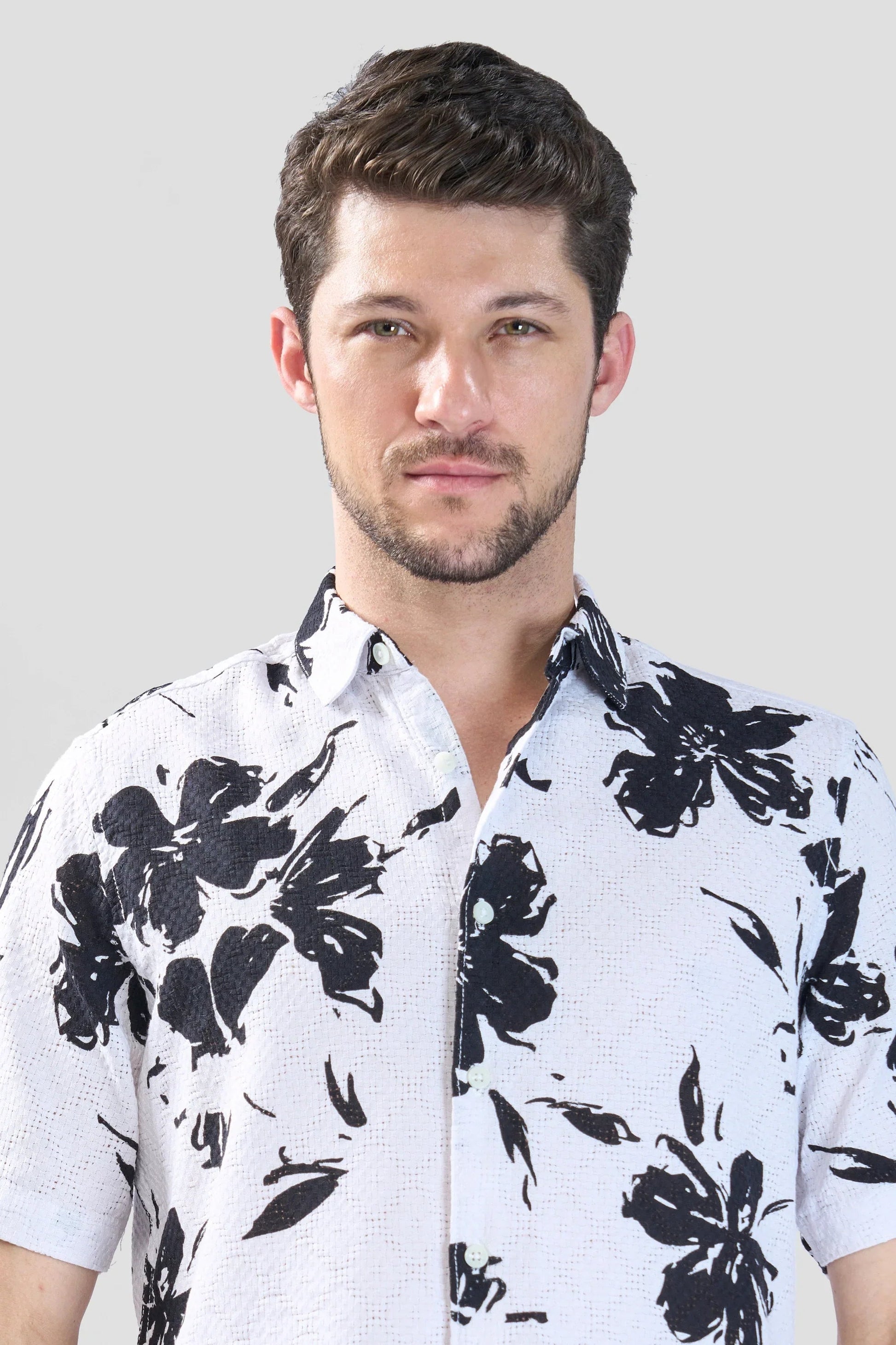 Xkind White Floral Printed Textured Regular Fit Shirt 