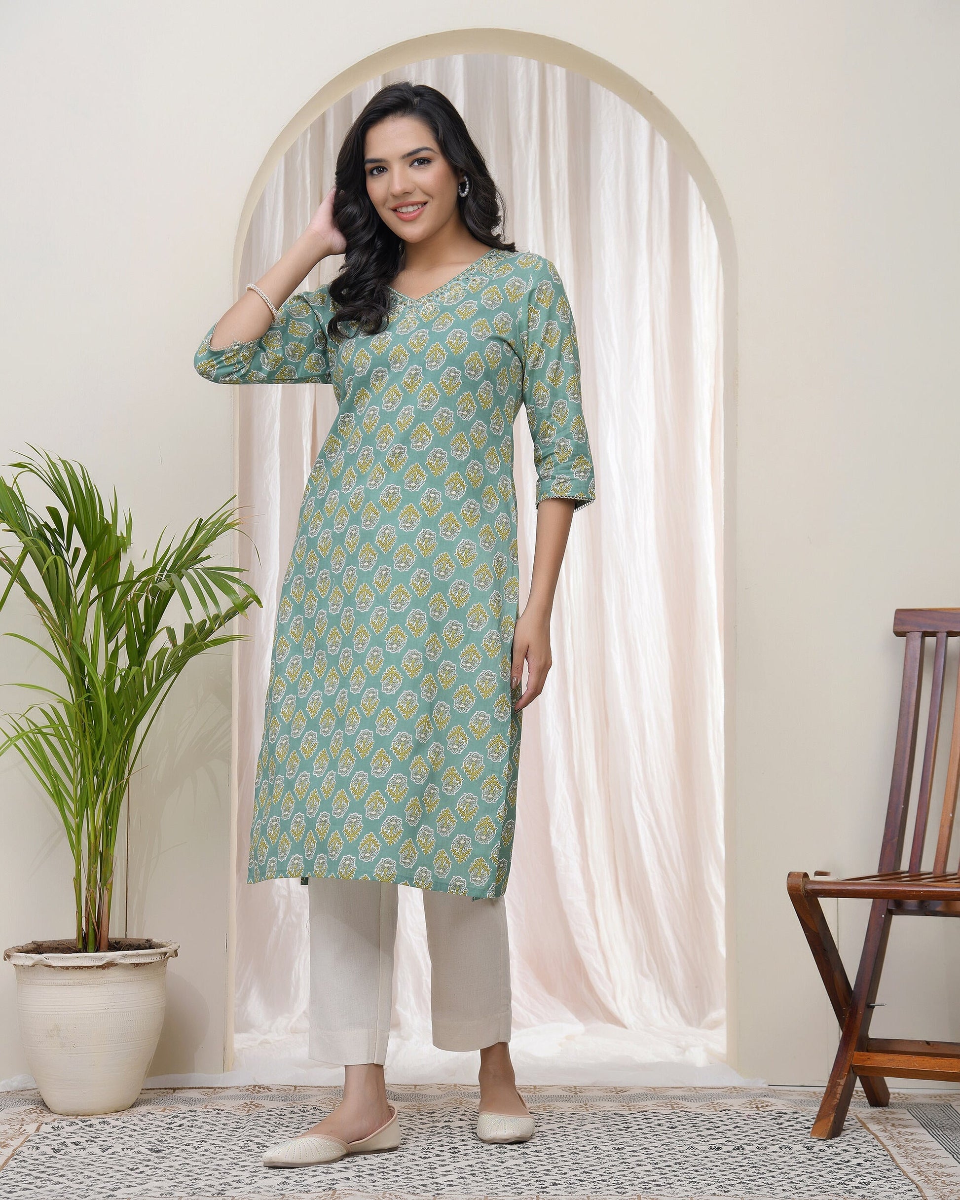 Vaasva Women Aqua Cotton Printed Straight Kurti | Grab2Buy