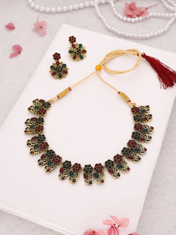 Tehzeeb Creations Luxurious Gold Polished Maroon & Green Colour Choker Necklace Set With Matching Earrings Tehzeeb Creations