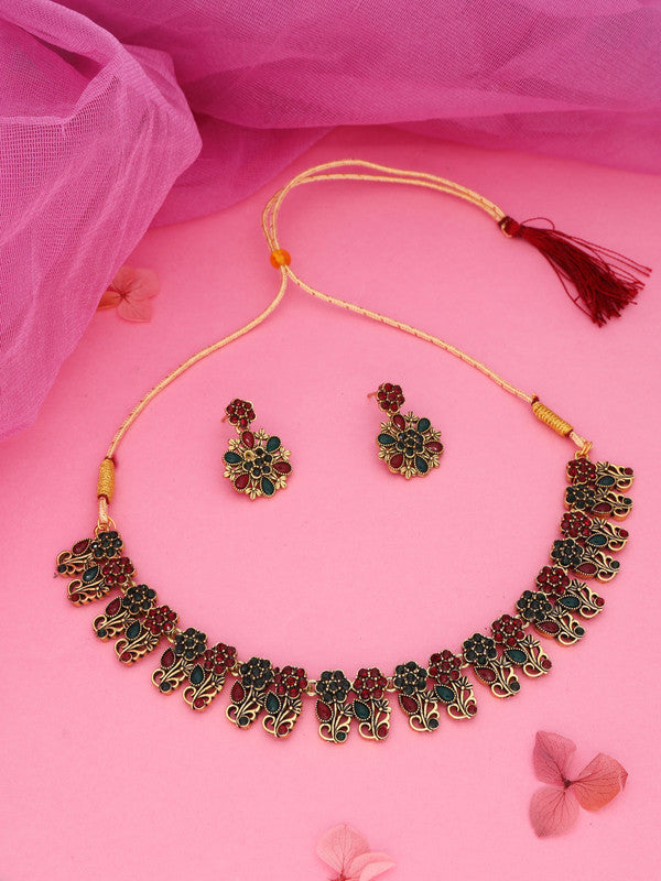 Tehzeeb Creations Luxurious Gold Polished Maroon & Green Colour Choker Necklace Set With Matching Earrings Tehzeeb Creations