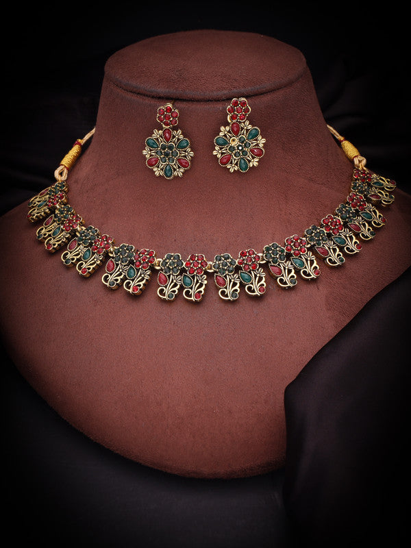 Tehzeeb Creations Luxurious Gold Polished Maroon & Green Colour Choker Necklace Set With Matching Earrings Tehzeeb Creations