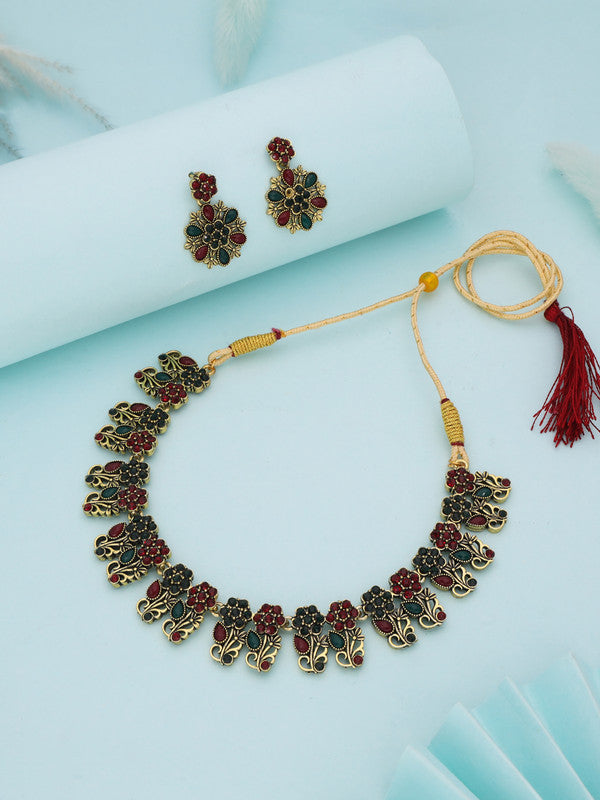 Tehzeeb Creations Luxurious Gold Polished Maroon & Green Colour Choker Necklace Set With Matching Earrings Tehzeeb Creations