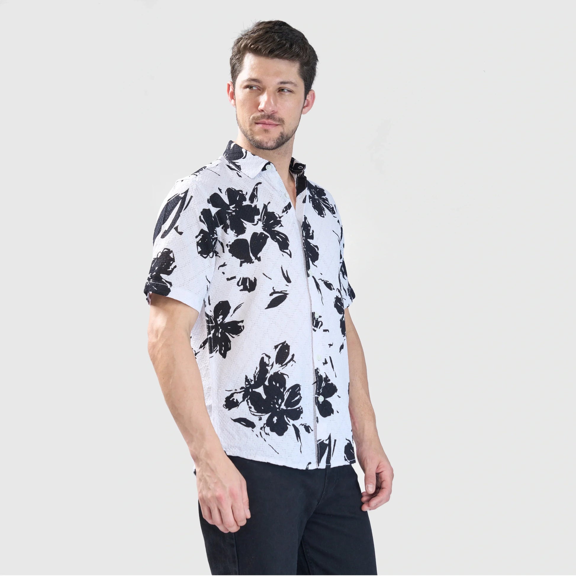 Xkind White Floral Printed Textured Regular Fit Shirt 