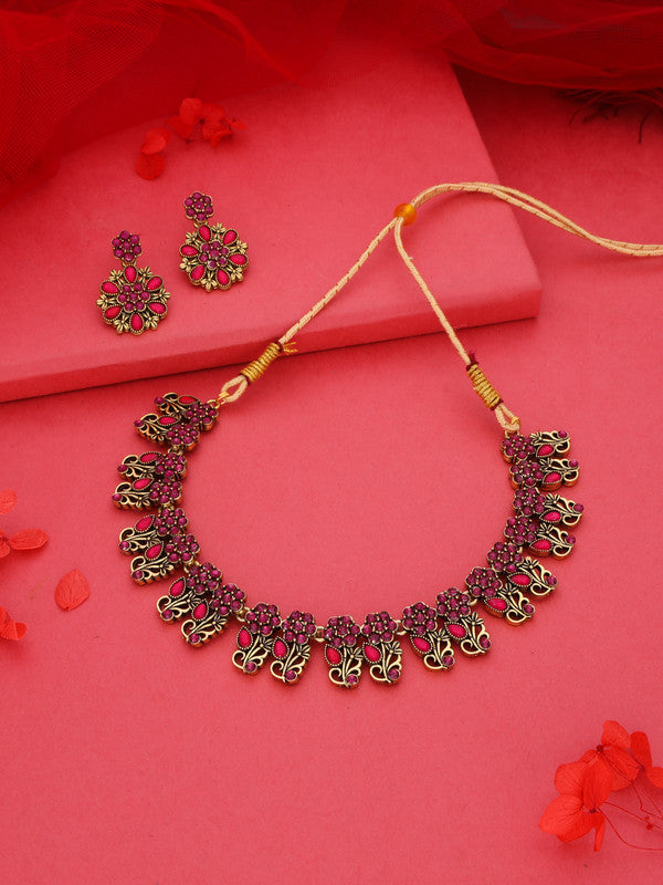 Tehzeeb Creations Luxurious Gold Polished Pink Colour Choker Necklace Set With Matching Earrings Tehzeeb Creations