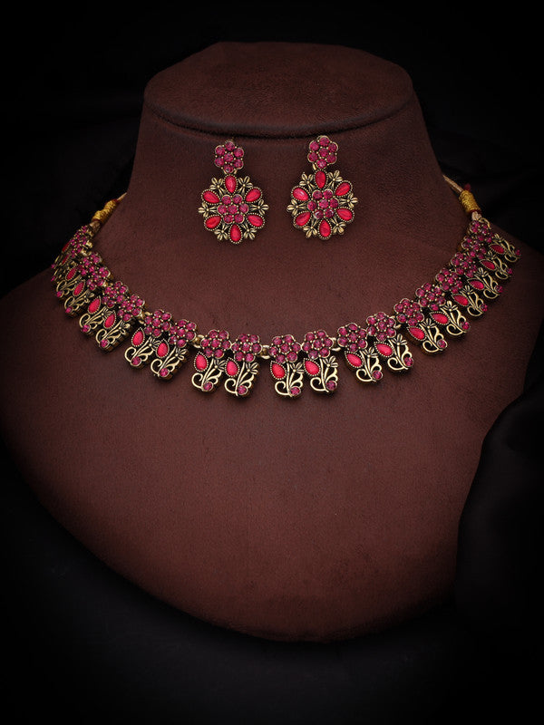 Tehzeeb Creations Luxurious Gold Polished Pink Colour Choker Necklace Set With Matching Earrings Tehzeeb Creations