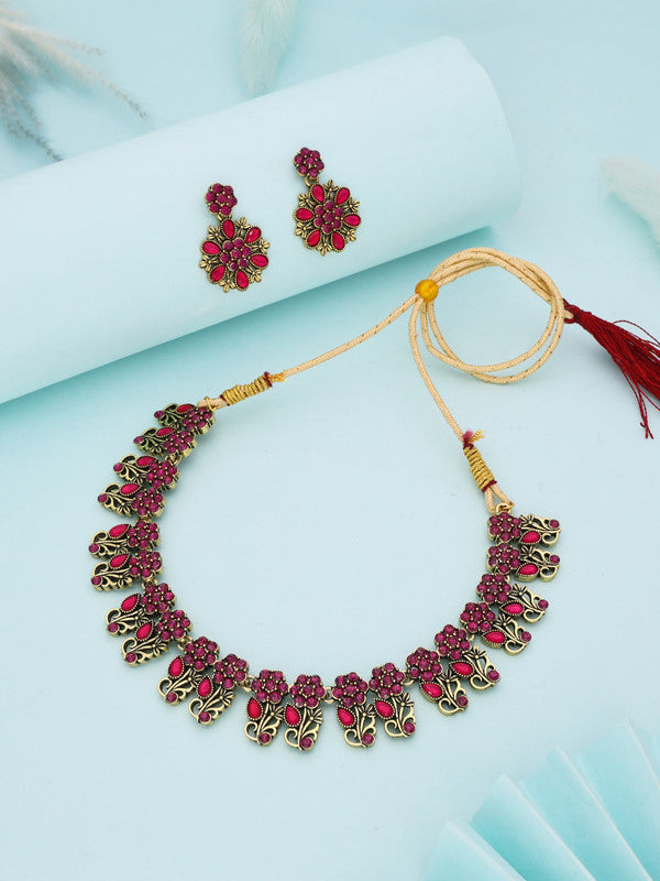 Tehzeeb Creations Luxurious Gold Polished Pink Colour Choker Necklace Set With Matching Earrings Tehzeeb Creations