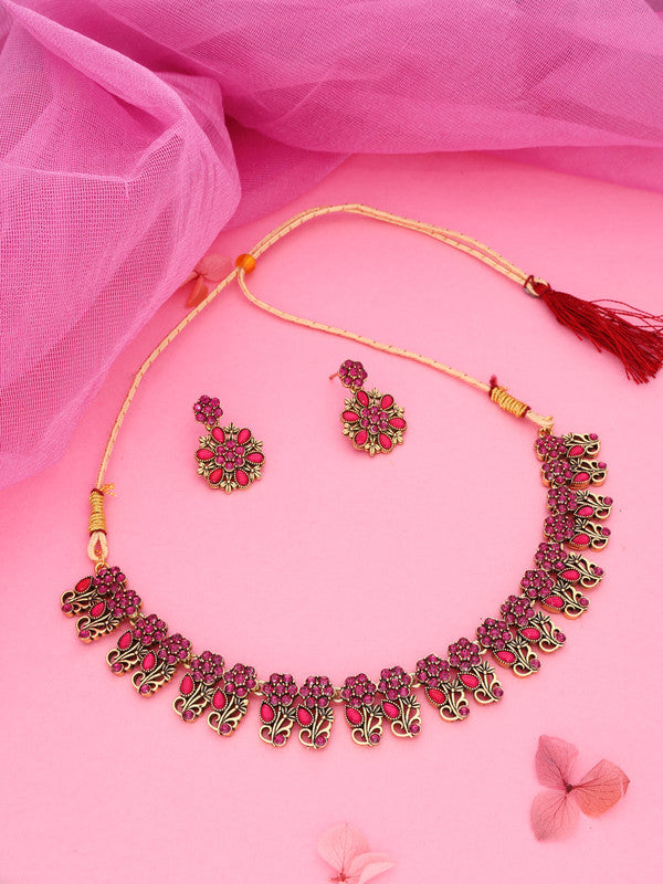 Tehzeeb Creations Luxurious Gold Polished Pink Colour Choker Necklace Set With Matching Earrings Tehzeeb Creations