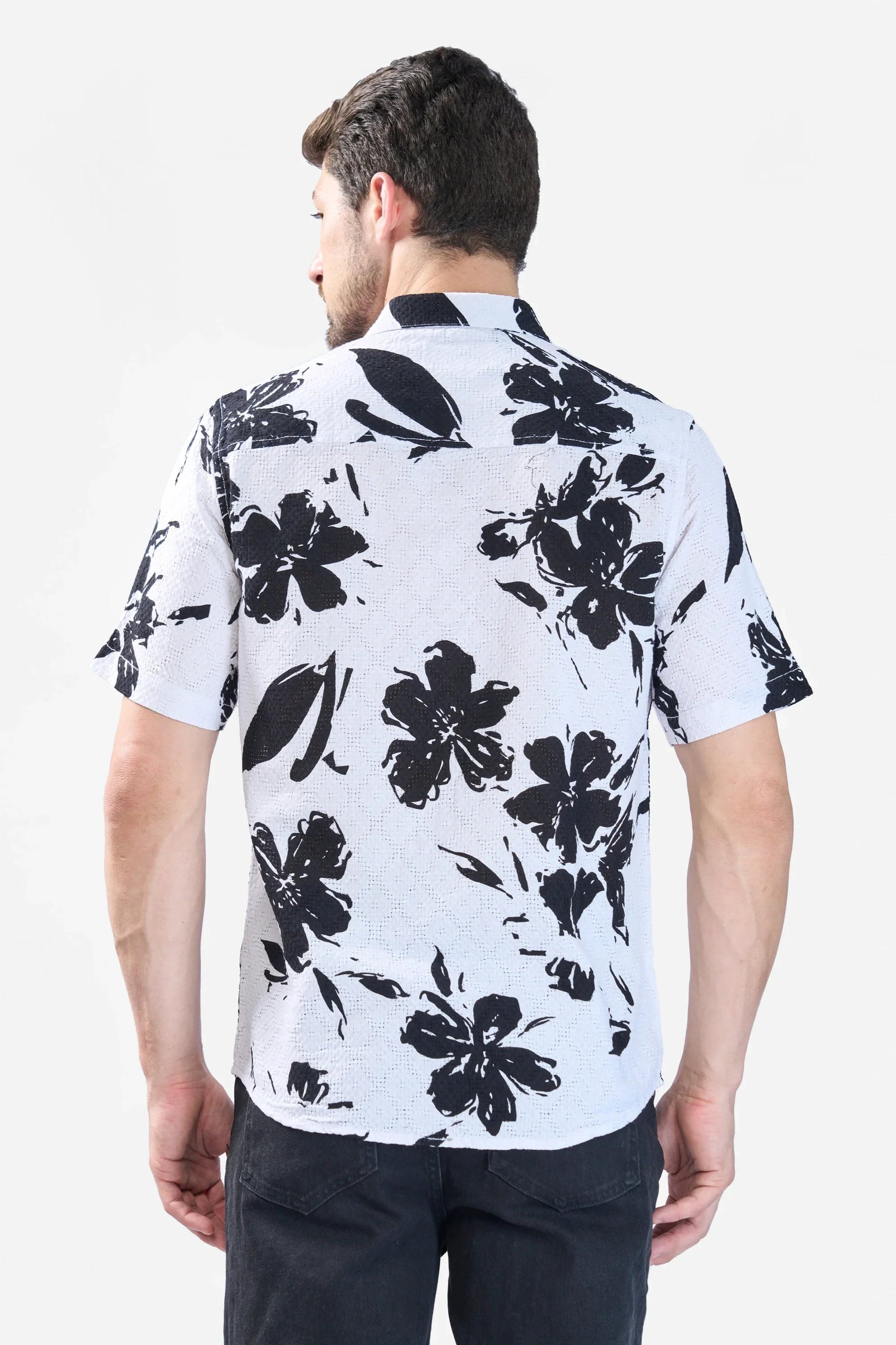Xkind White Floral Printed Textured Regular Fit Shirt 