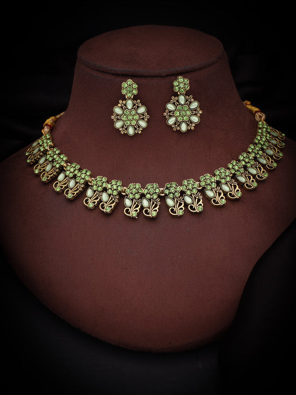 Tehzeeb Creations Luxurious Gold Polished Sea Green Colour Choker Necklace Set With Matching Earrings Tehzeeb Creations
