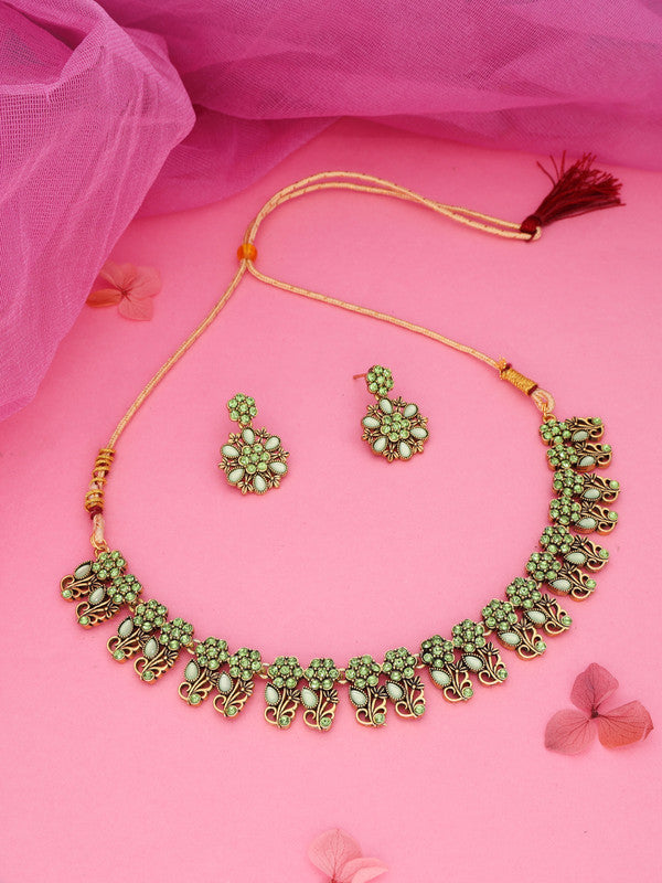Tehzeeb Creations Luxurious Gold Polished Sea Green Colour Choker Necklace Set With Matching Earrings Tehzeeb Creations