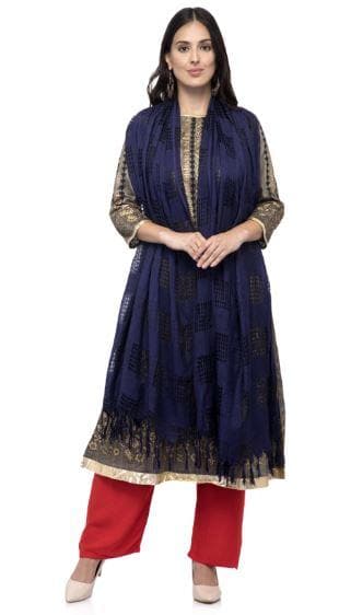 A R Silk Women's Cotton Window Check Navy Blue Regular Dupatta | Grab2Buy