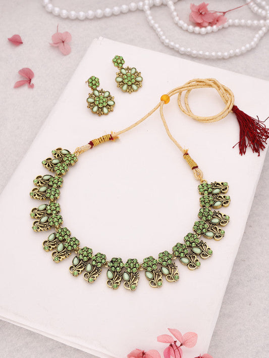Tehzeeb Creations Luxurious Gold Polished Sea Green Colour Choker Necklace Set With Matching Earrings Tehzeeb Creations