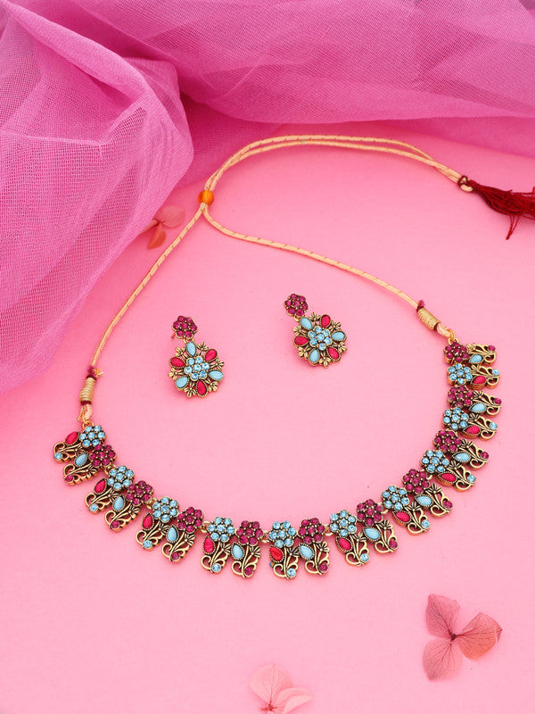 Tehzeeb Creations Luxurious Gold Polished Sky Blue Color Choker Necklace Set With Matching Earrings Tehzeeb Creations