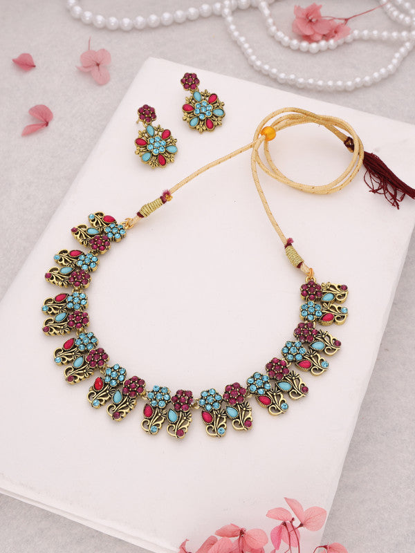 Tehzeeb Creations Luxurious Gold Polished Sky Blue Color Choker Necklace Set With Matching Earrings Tehzeeb Creations