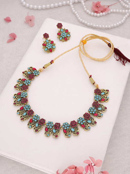 Tehzeeb Creations Luxurious Gold Polished Sky Blue Color Choker Necklace Set With Matching Earrings Tehzeeb Creations