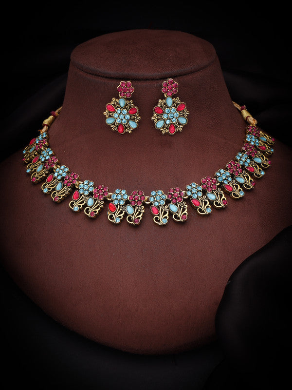 Tehzeeb Creations Luxurious Gold Polished Sky Blue Color Choker Necklace Set With Matching Earrings Tehzeeb Creations