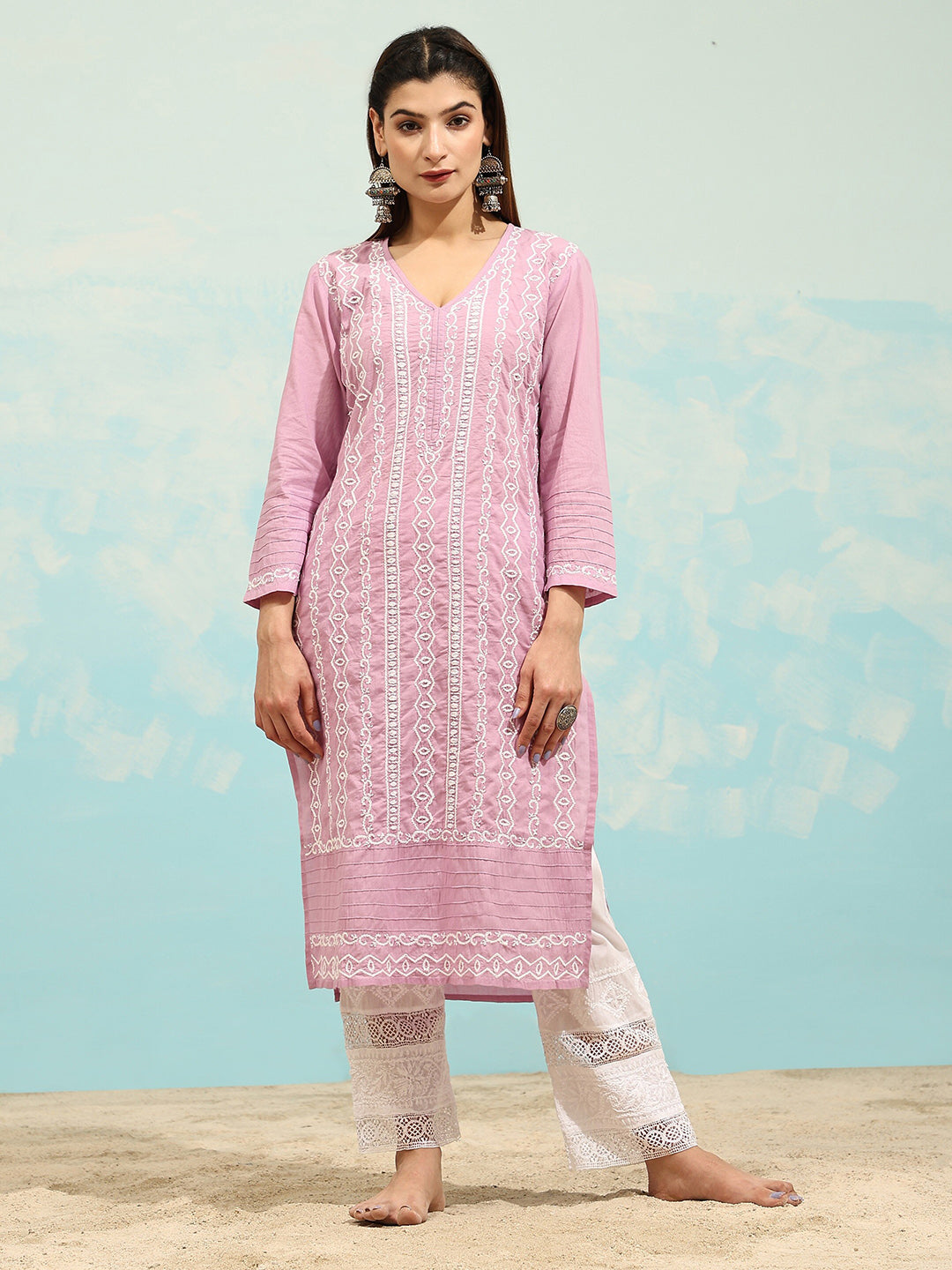 HOUSE OF KARI Cotton Floral Embroidered Chikankari Kurta 