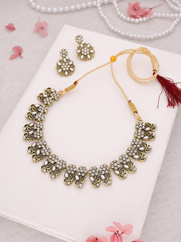 Tehzeeb Creations Luxurious Gold Polished White Colour Choker Necklace Set With Matching Earrings Tehzeeb Creations