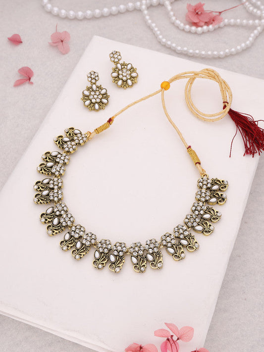 Tehzeeb Creations Luxurious Gold Polished White Colour Choker Necklace Set With Matching Earrings Tehzeeb Creations